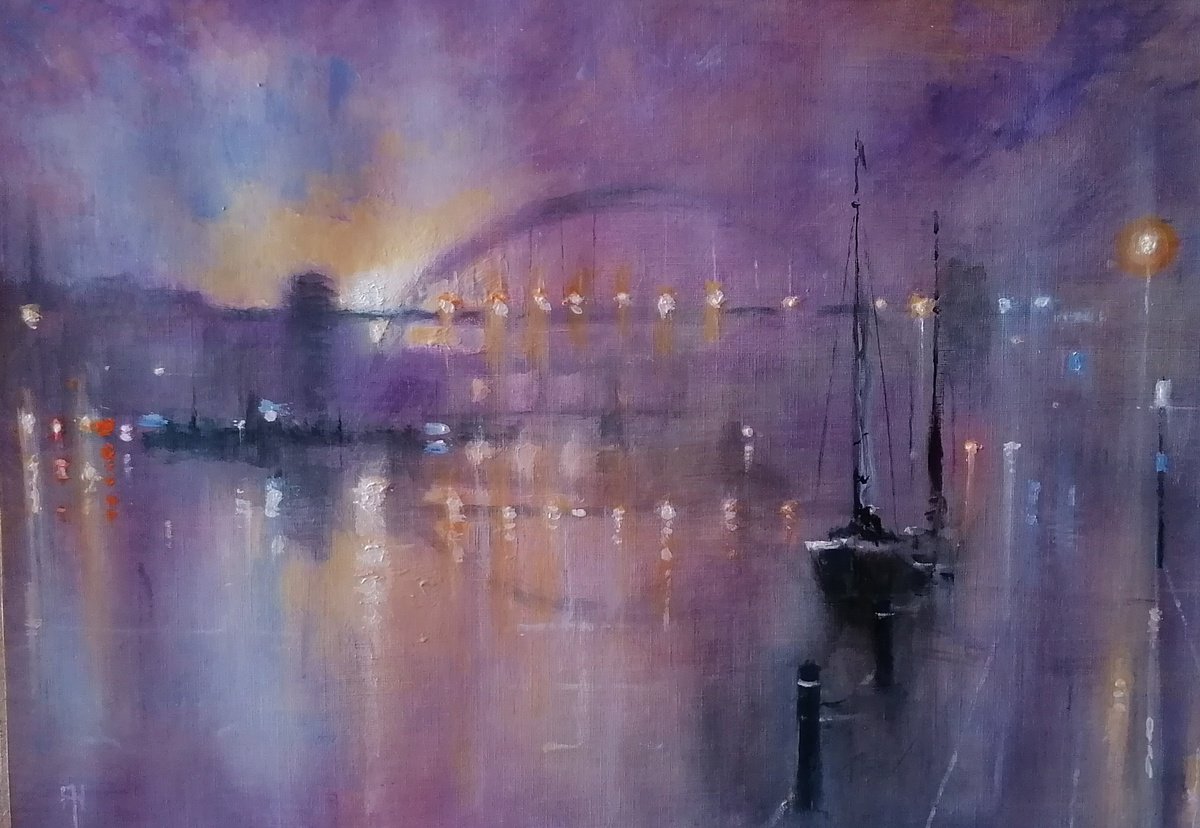 Impressionistic Landscape Acrylic Painting By Alan Harris, 16 X 11, Fog On The Tyne, Original Artwork