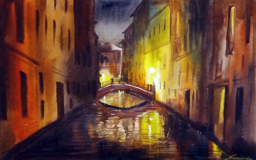 Night Venice Canals - Watercolor Painting by Samiran Sarkar