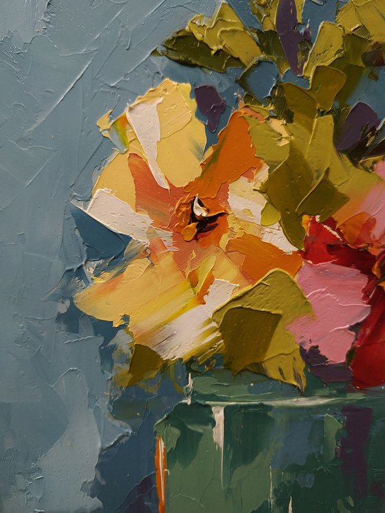 Modern art. Still life painting. Flowers in vase. Gift idea