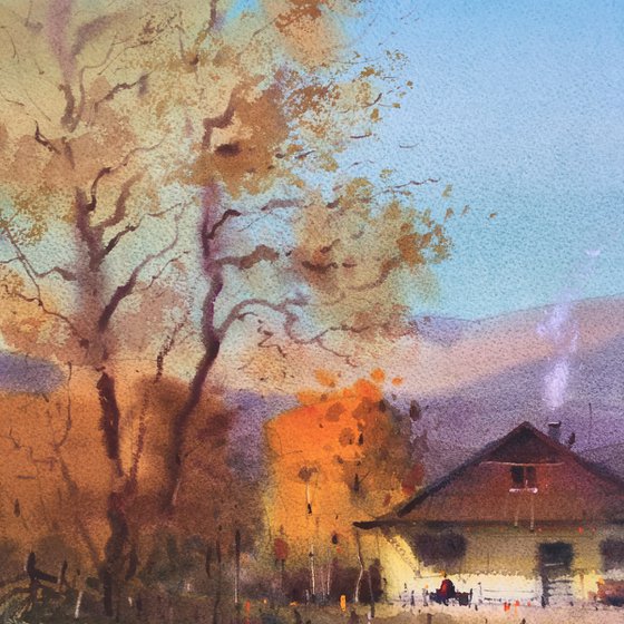 Autumn in mountains original watercolor painting. One of a kind art.