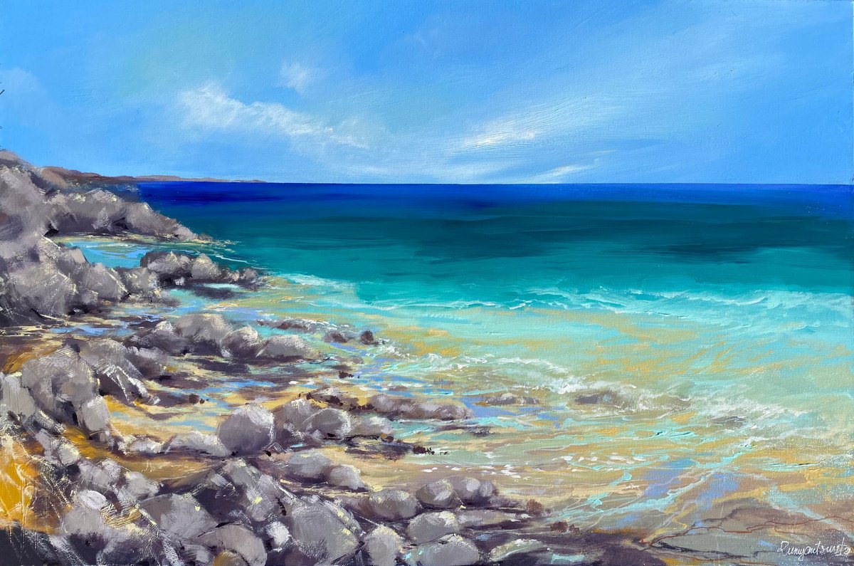 Impressionistic Landscape Acrylic Painting By Irina Rumyantseva, 35 X 24, Deserted Coast, Original Artwork