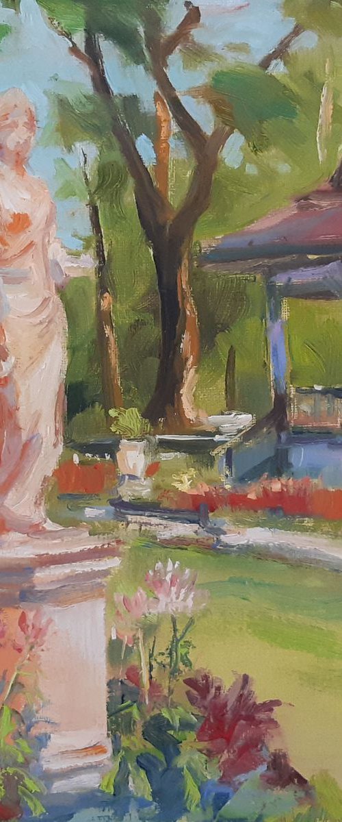 Public gardens, August, plein air - original, one of a kind, oil on canvas impressionistic style painting by Alexander Koltakov