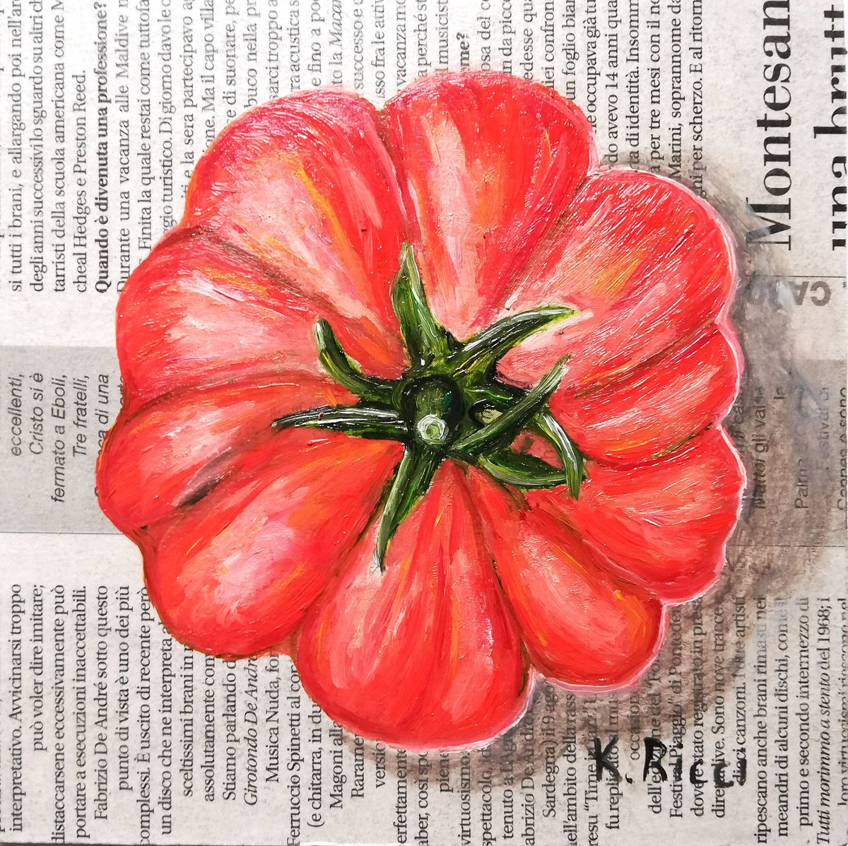 Tomato on Newspaper Original Oil on Wooden Board Painting 6 by 6 inches (15x15 cm) by Katia Ricci
