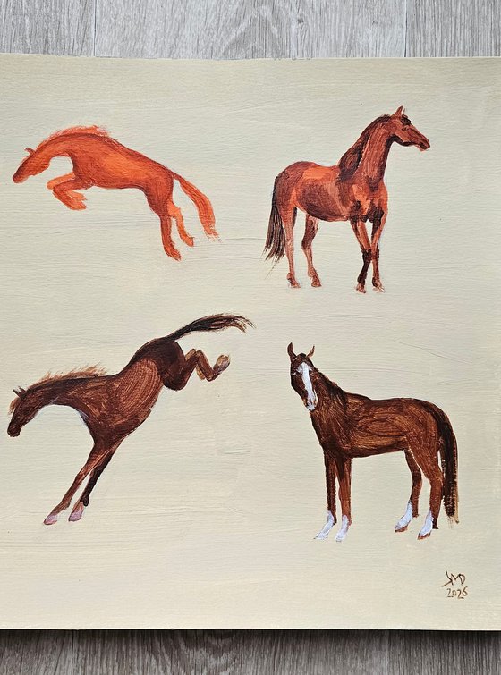 Six chestnut minimalist horses in motion