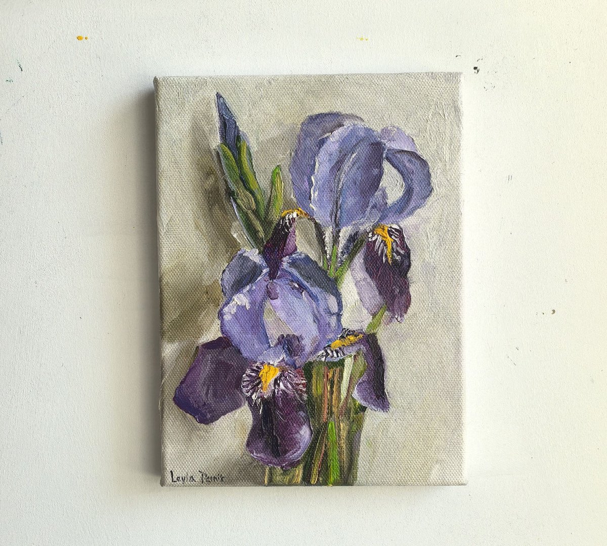 Impressionistic Botanical Oil Painting By Leyla Demir, 7 X 9", Purple Irises, Original Artwork