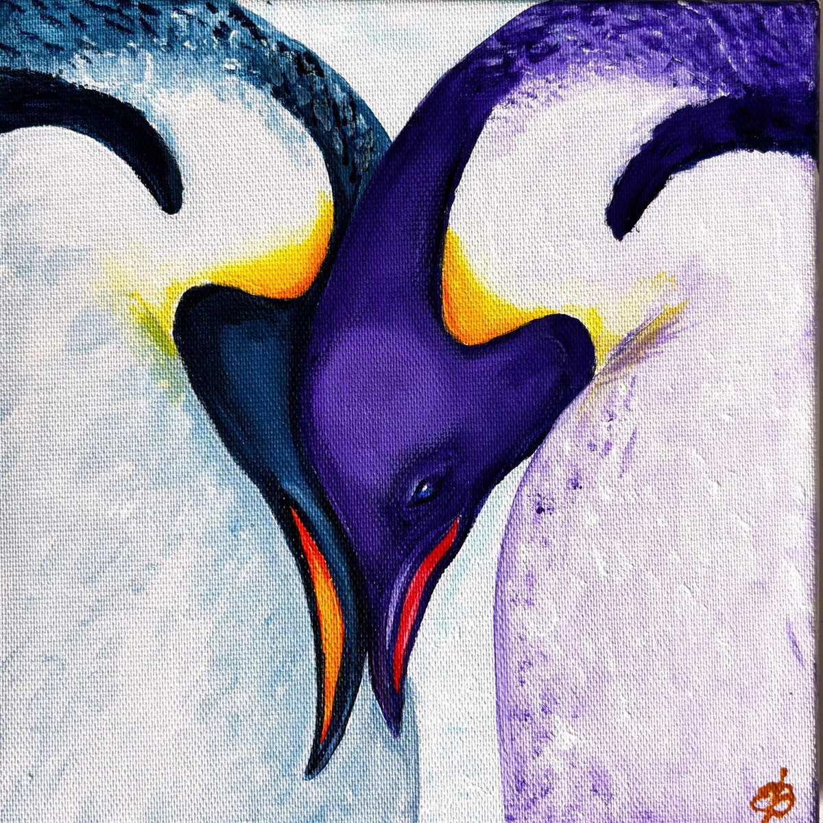 Animal Acrylic Painting By Lena Smirnova, 8 X 8", Penguins In Love, Original Artwork
