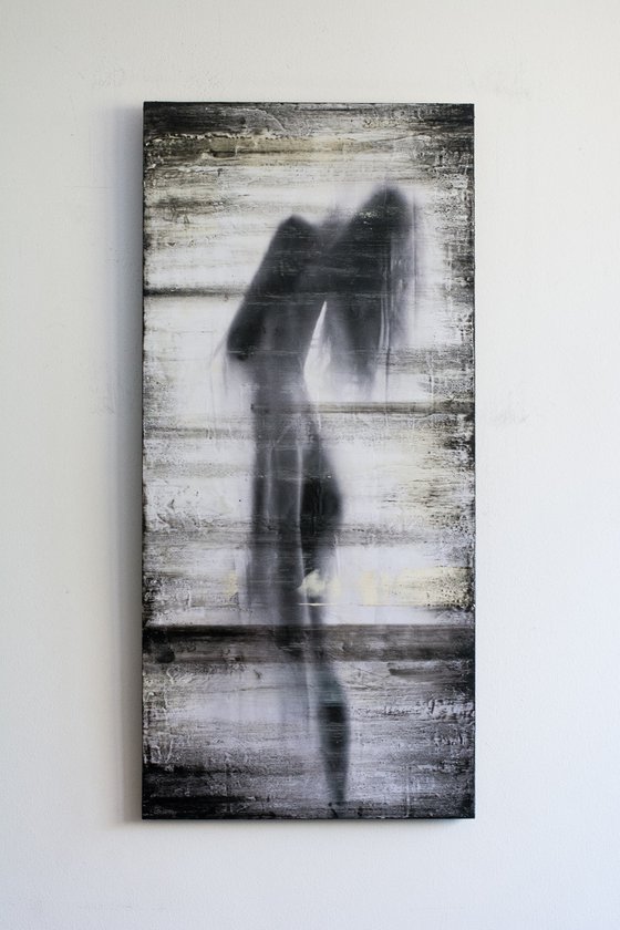 "Forever" (88x41x1 cm) - Unique figurative artwork on closet door (abstract, figurative, gold, original, resin, beeswax, painting)
