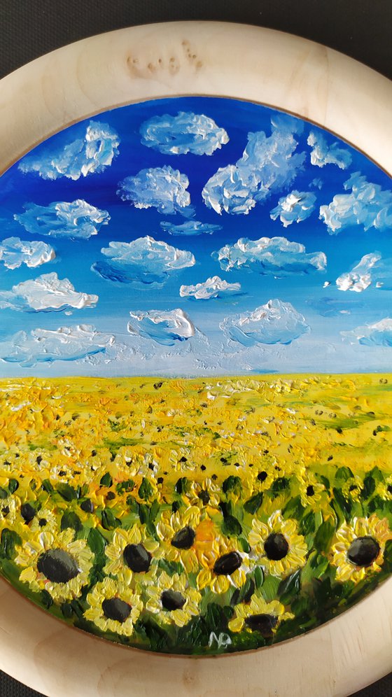 Peace, original impressionistic landscape sky field with sunflowers, oil on wooden plate