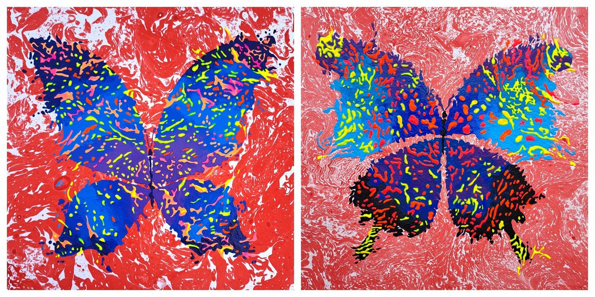 Abstract Animal Acrylic Painting By Mariia Raskin, 20 X 10", Set Of 2 «Energy», Original Artwork