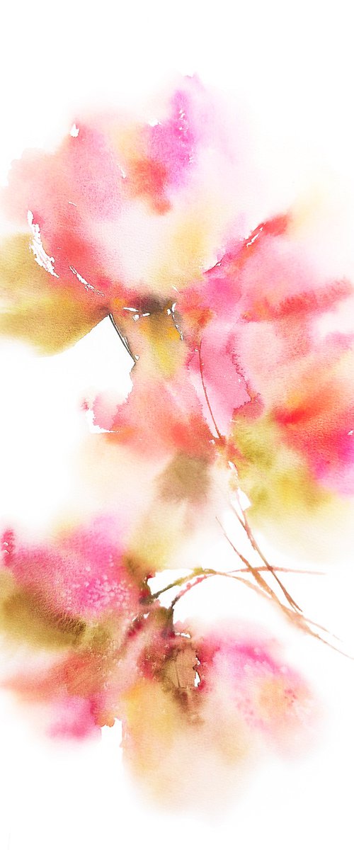 Soft pink flowers, watercolor loose flowers romantic painting "Apple blossom" by Olga Grigo