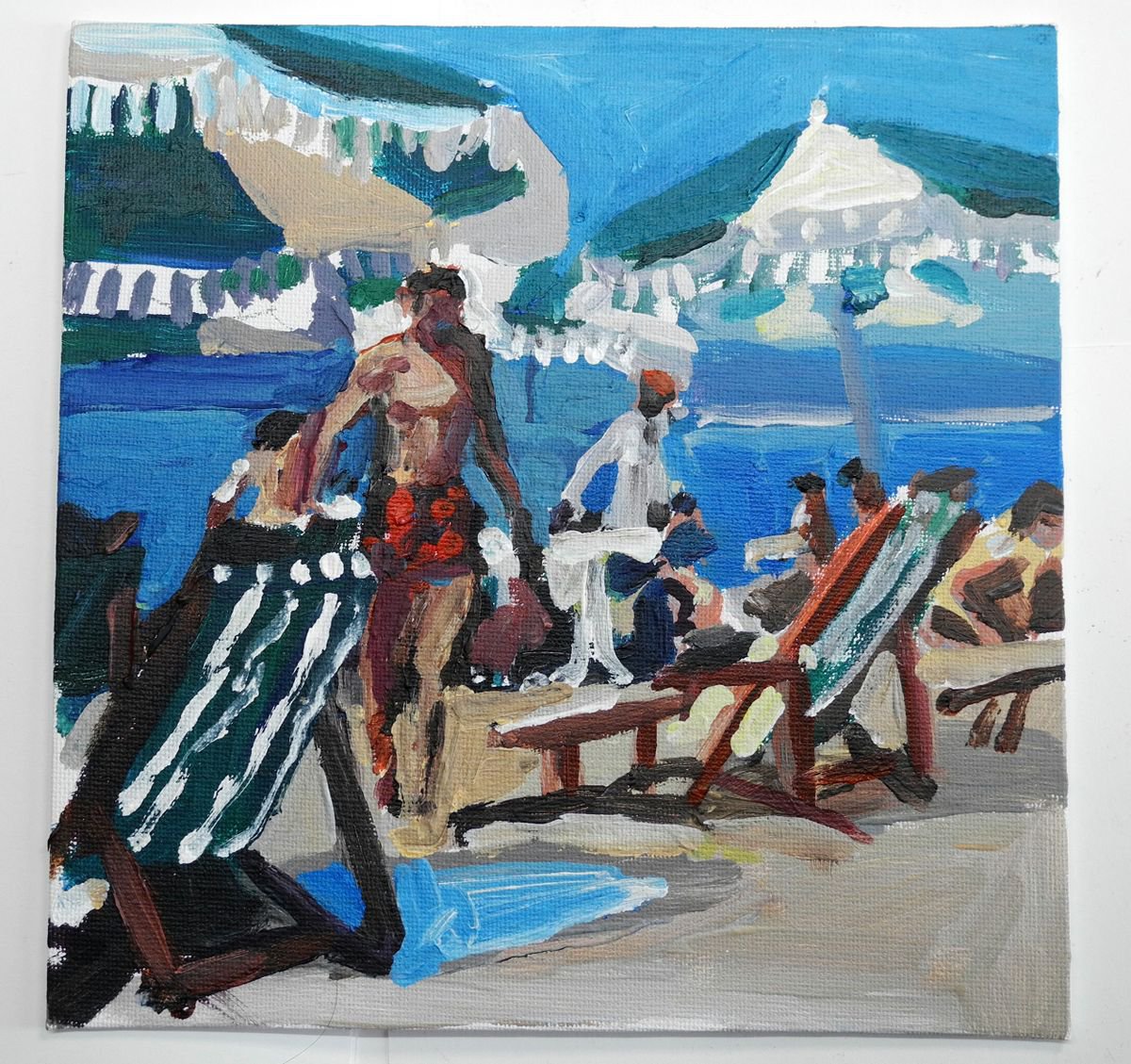  Beach Scene ( Getting Out Of The Water) By Stephen Abela, 8 X 8, Artwork For Sale On Artfinder