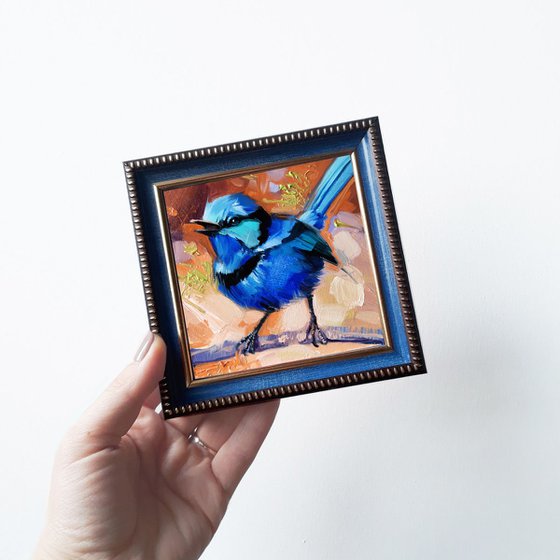 Fairy wren bird art, Small painting of bird in frame, Pocket bird painting, Original blue bird art 4x4