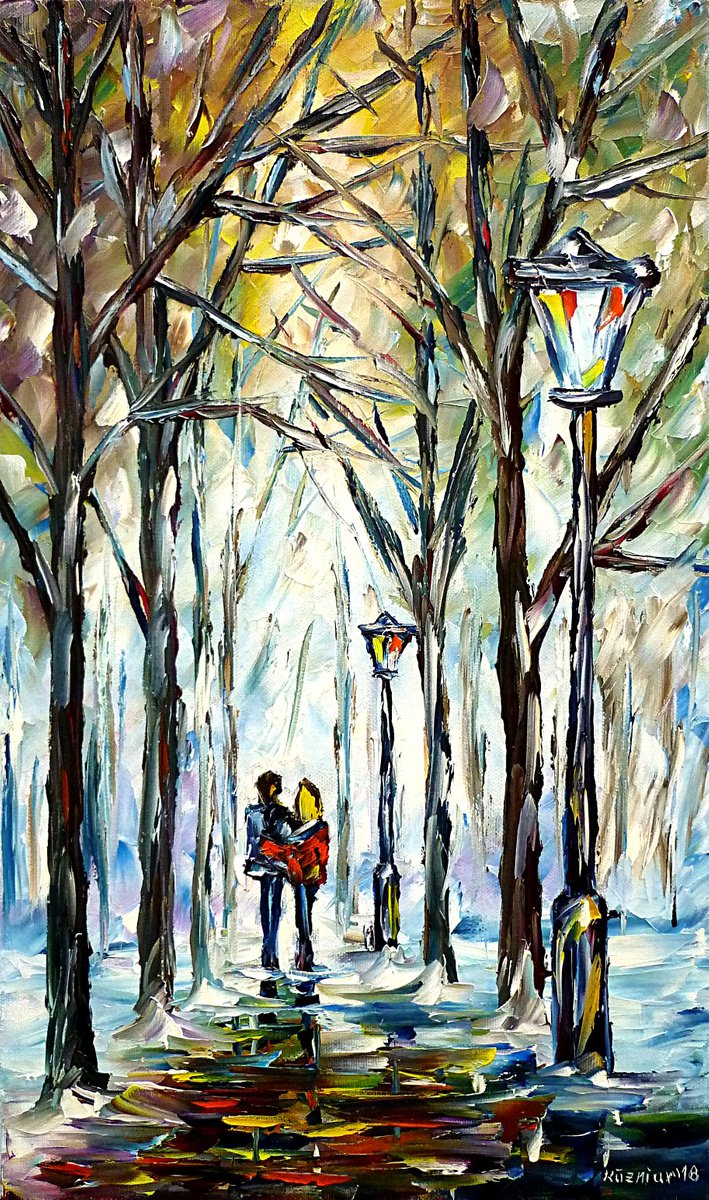 Expressive Landscape Oil Painting By Mirek Kuzniar, 12 X 20", Park In Winter Ii, Original Artwork