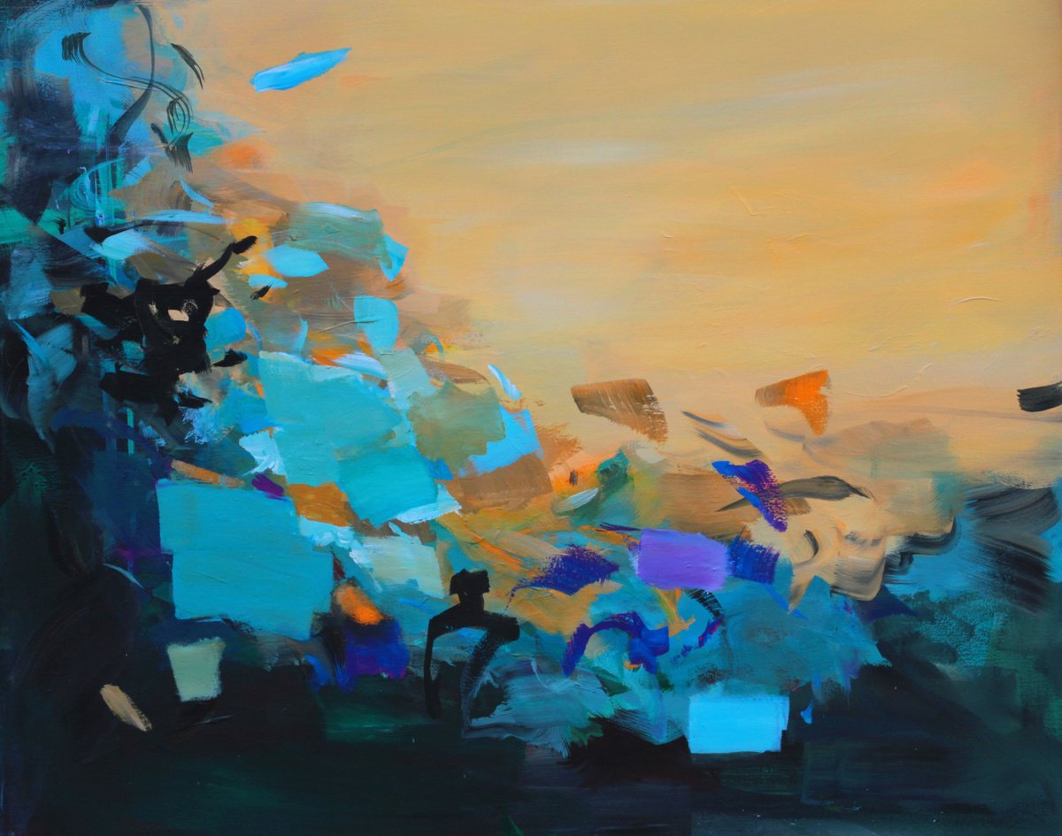 Abstract Botanical Acrylic Painting By Ute Laum, 39 X 31", In Full Bloom, Original Artwork