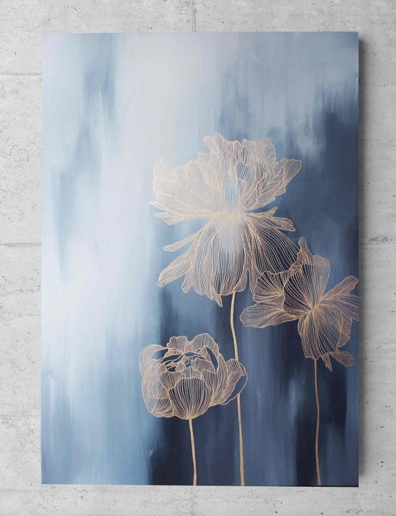 "Thinness 3" Navy gold flower abstract art