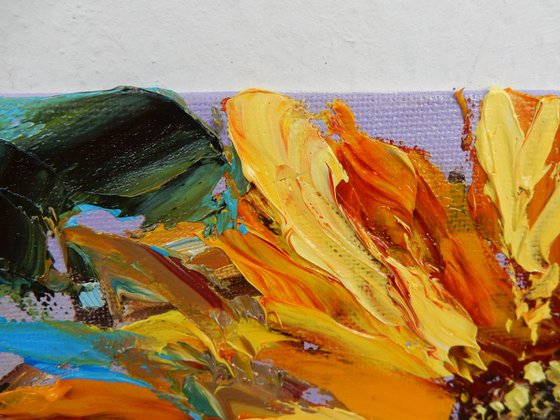 Sunflower,  Impasto oil painting. Palette knife, heavy textured art