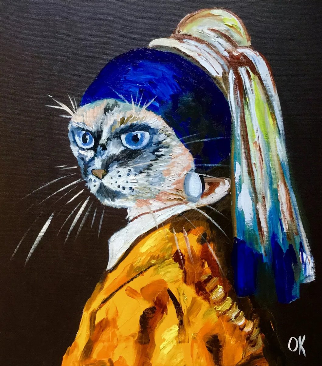 Expressive Animal Oil Painting By Olga Koval, 18 X 20", Cat With The Pearl Earring., Original Artwork
