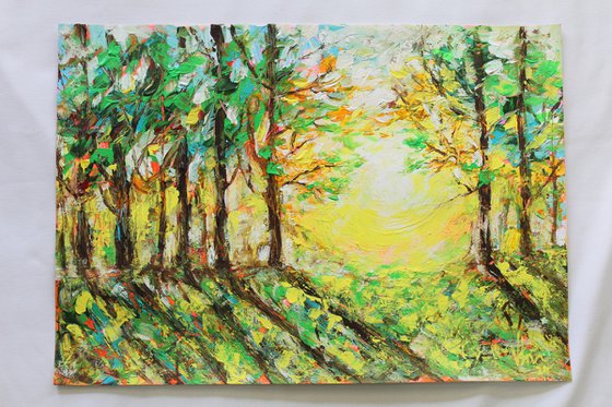 The Glory Deep in the Woods- Palette Knife Acrylic Painting - impressionistic - landscape painting on paper - gift art - home decor