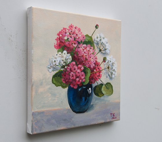 Geranium. Painting. Floral still life. 8 x 8in.