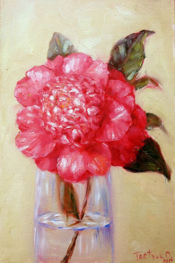 Camellia Flower in Glass Vase Original Oil Painting Stady