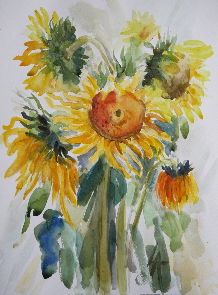 Impressionistic Botanical Watercolour By Elena Lykhodid, 12 X 16, Sunflowers, Original Artwork