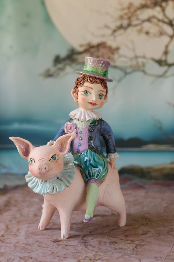 Vintage dressed boy riding a pig.
