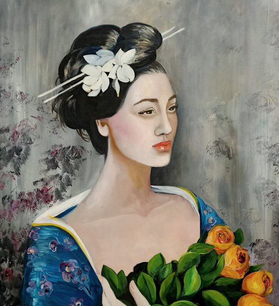 Geisha con rose gialle - woman portrait - oriental woman