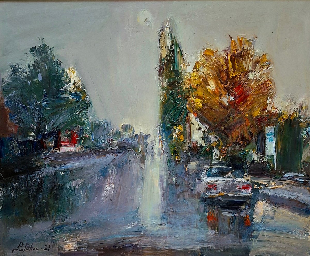 Impressionistic Transport Oil Painting By Matevos Sargsyan, 22 X 18", A Misty Autumn City, Original Artwork