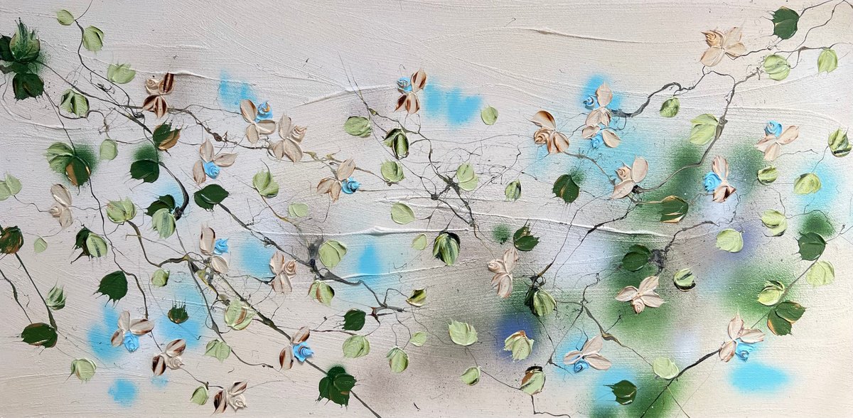 Impressionistic Botanical Acrylic Painting By Anastassia Skopp, 39 X 20, Golden Morning, Original Artwork