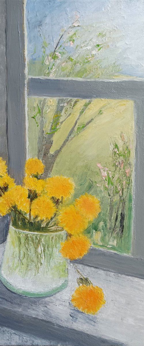 Spring with dandelions at the window by Maria Karalyos