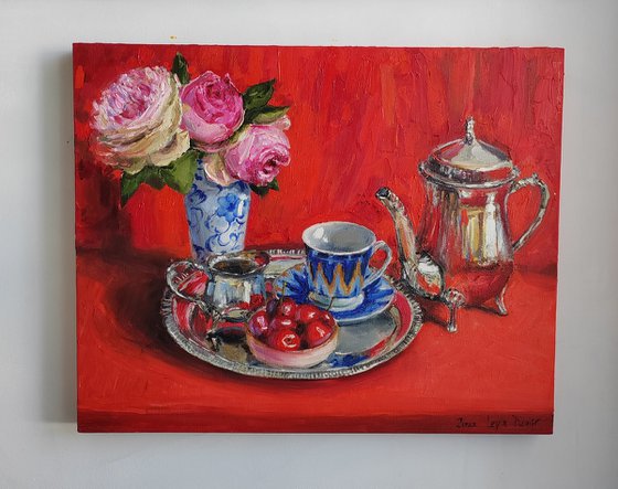 Pink roses bouquet with Antique teapot on red fabric still life oil painting