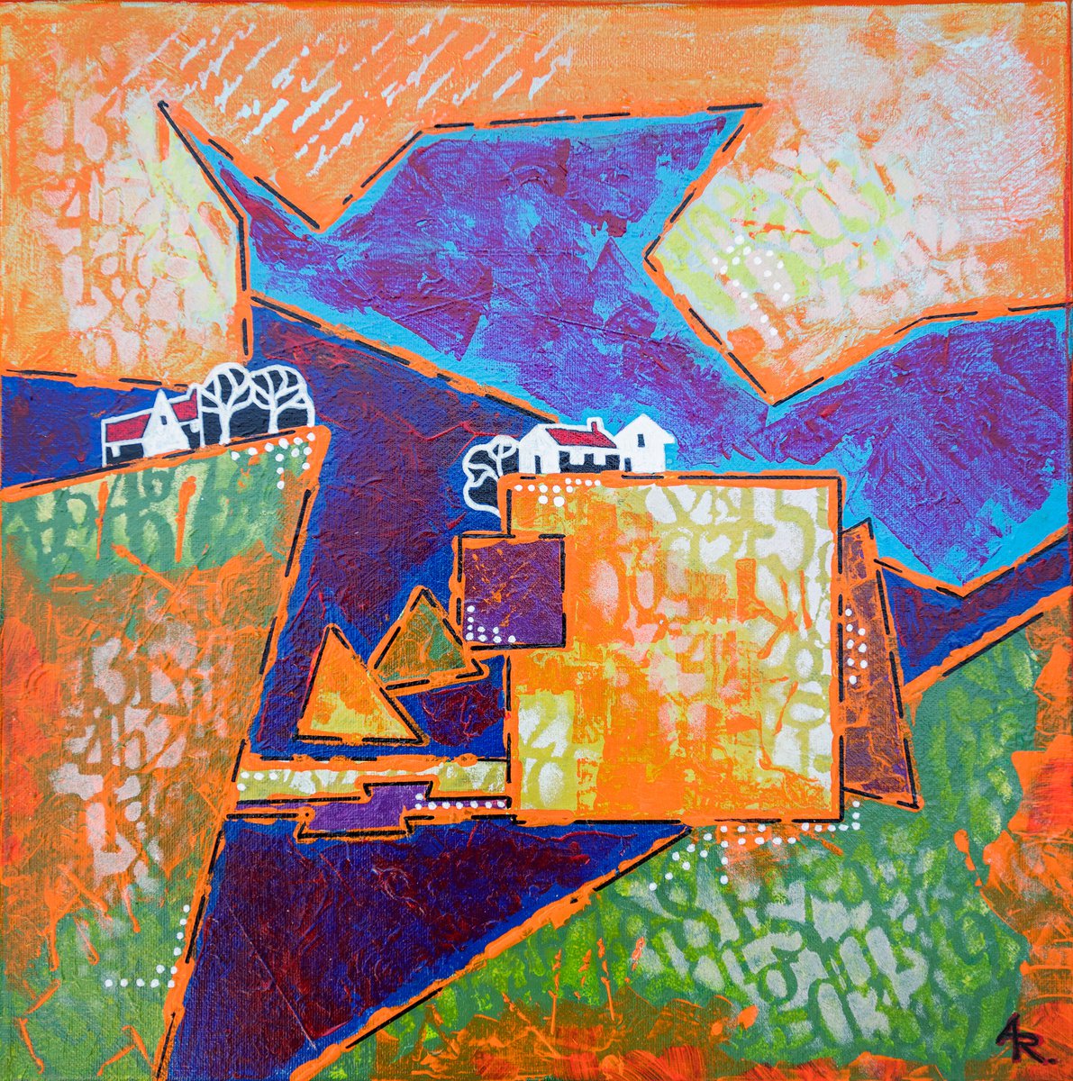 Geometric Landscape Acrylic Painting By Ariadna De Raadt, 16 X 16, Escape World 2, Original Artwork