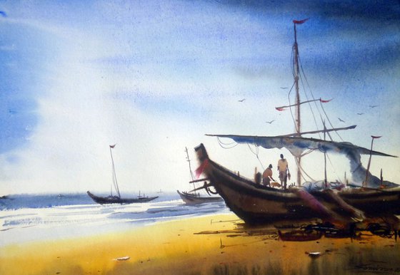 Fishing Boats at Seashore-Watercolor on paper