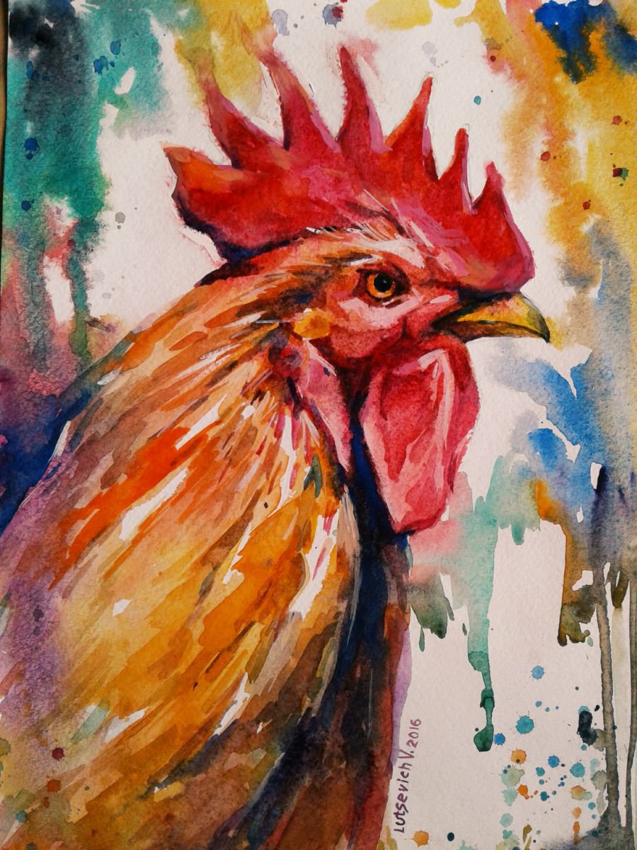 Cockerel on an abstract background by Vladimir Lutsevich
