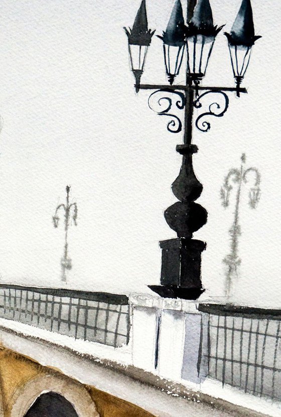Bordeaux France , Stone Bridge. Original Watercolor Painting