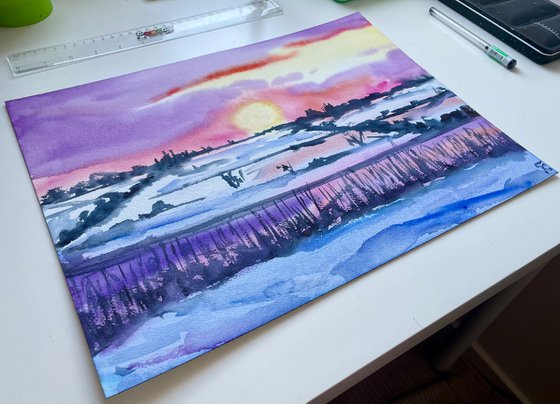 Winter Watercolor Painting, Sunset Landscape Original Wall Art, Snowy Nature Artwork, Christmas Home Decor