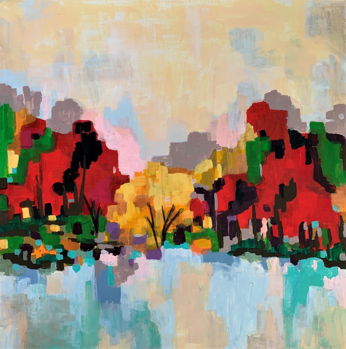 Expressive Landscape Acrylic Painting By Alexandra Djokic, 27 X 28, Autumnal Landscape, Original Artwork