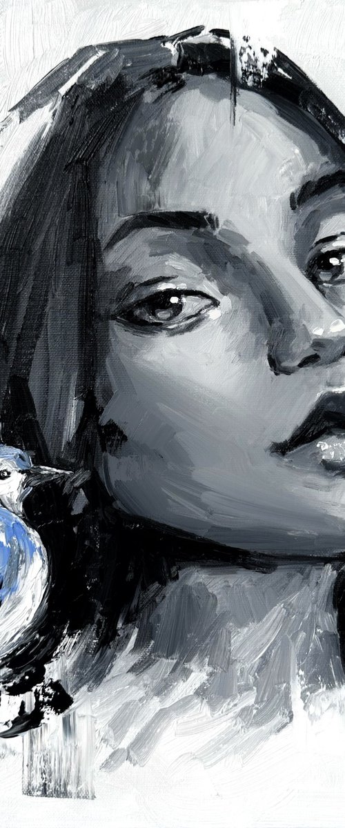 Portrait of a girl with a blue jay by Marina Ogai