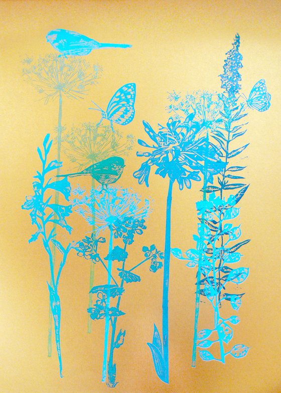 Flora and fauna with greens and blues (#1) on Golden "mai tai" fabriano card