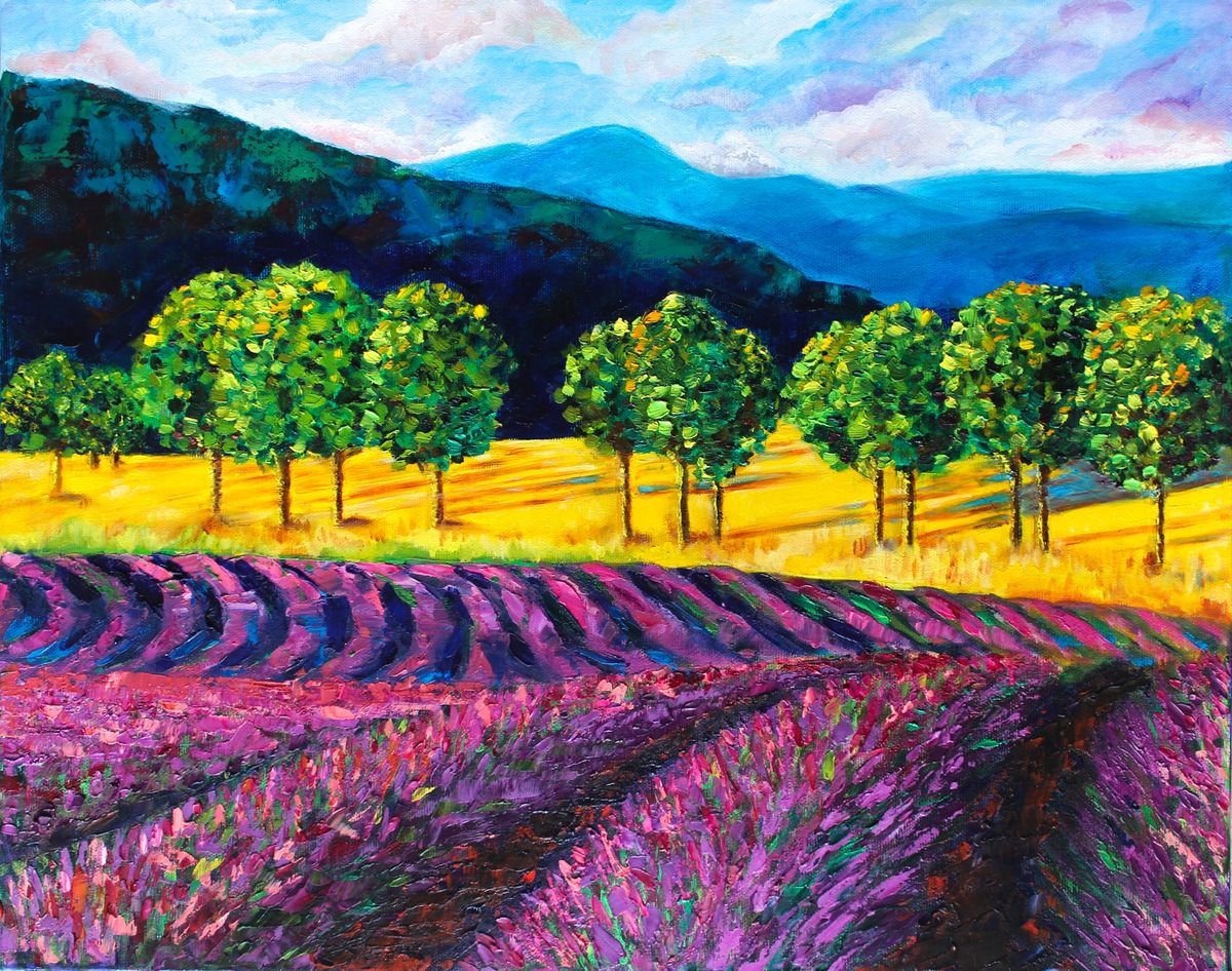 Lavender fields - Landscape with lavender, trees and mountains Oil painting by Ola Bogakovsky