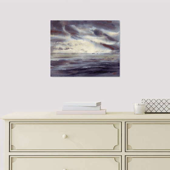 Watercolor seascape, Sky and ocean, Atmospheric painting