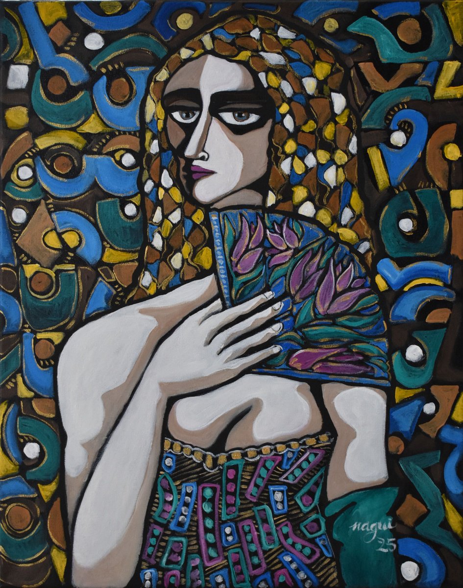 Expressive Portrait Acrylic Painting By Nagui, 16 X 20", Woman With Fan 2025, Original Artwork