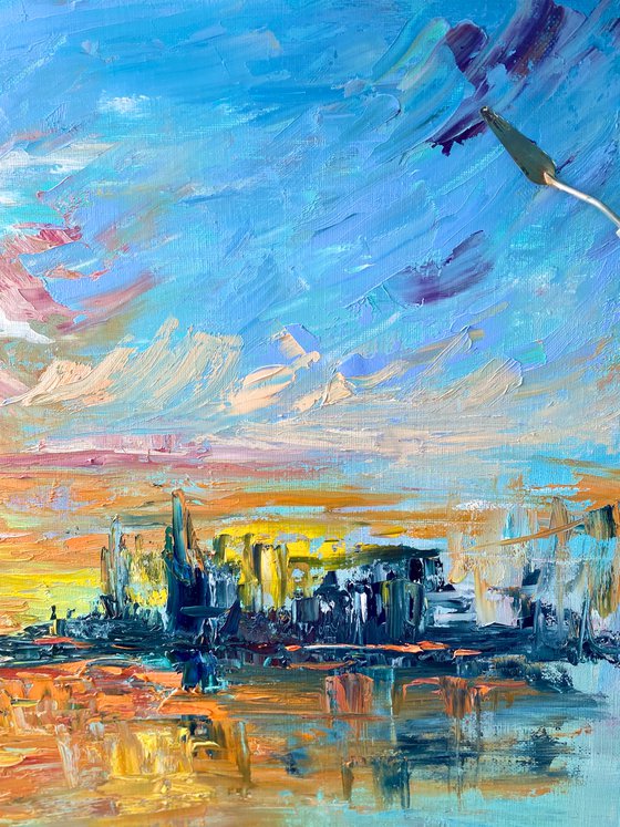 Sunset - Big city never sleeps, 70*80cm, impressionistic landscape oil painting in orange and turquoise