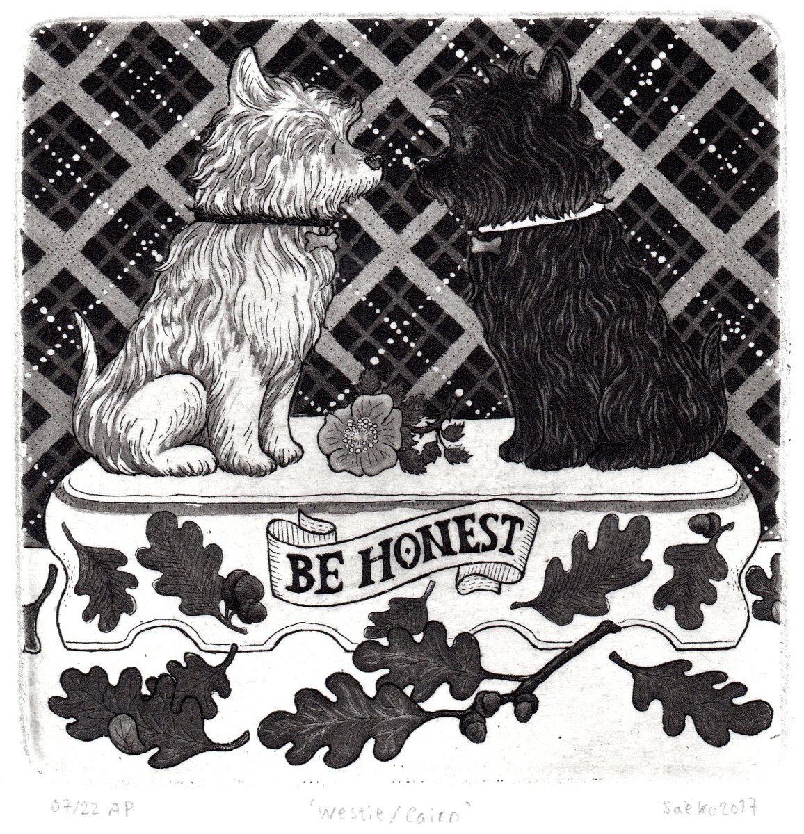 Illustrative Animal Etchings & Engravings By Saeko, 7 X 7", Westie-Cairn - Be Honest, Original Artwork
