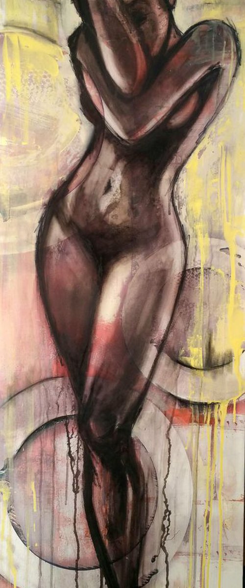 "Ragazza" 50x150x4cm.Original mixed media large painting on fabric,ready to hang by Elena Kraft