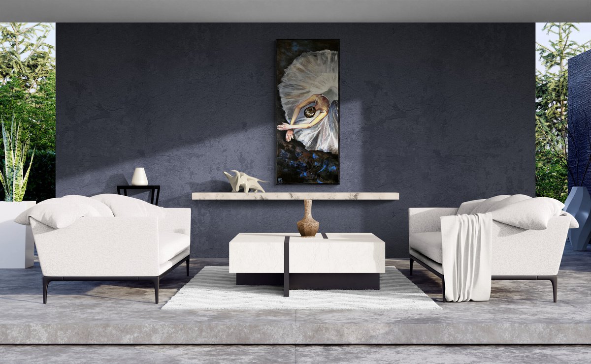 Impressionistic Portrait Acrylic Painting By Maria Kireev, 24 X 55", Ballerina With Crossed Arms, Original Artwork