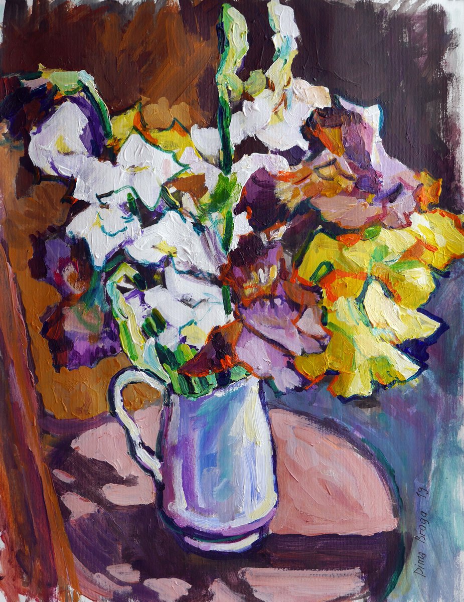 Expressive Still Life Painting By Dima Braga, 20 X 26, Irises In A Jug, Original Artwork