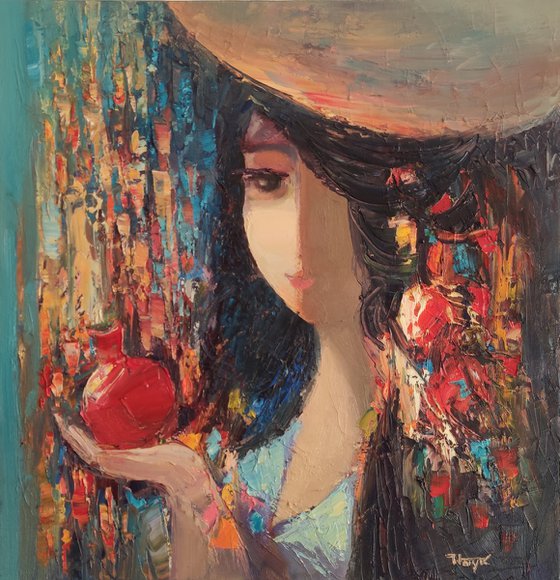 Girl with pomegranate (50x50cm, oil/canvas, abstract portrait)