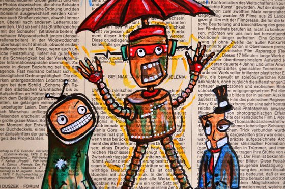 Happy Three Friends - Original Painting Collage Art on Vintage Page