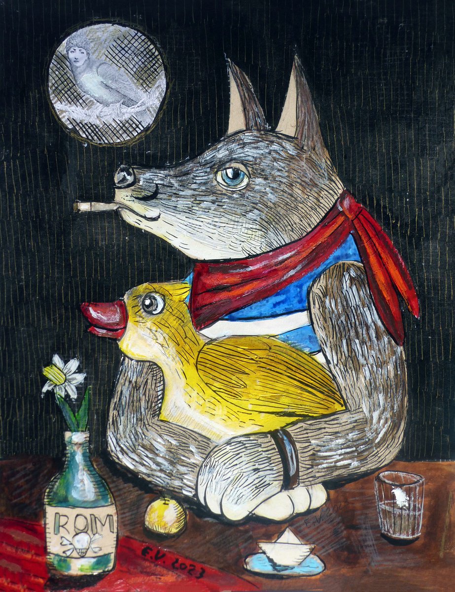 Surrealistic Animal Painting By Elizabeth Vlasova, 11 X 14, Midnight Talks, Original Artwork